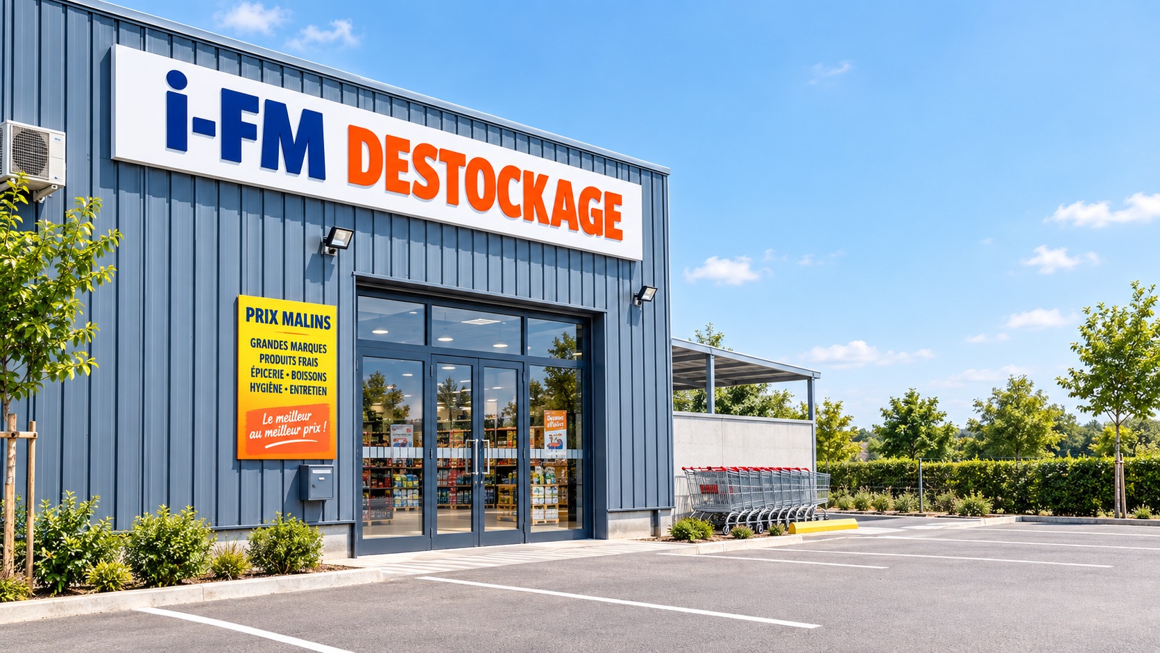 Illustration générée par intelligence artificielle d’un magasin i-FM Destockage. Elle ne représente pas le point de vente réel.
